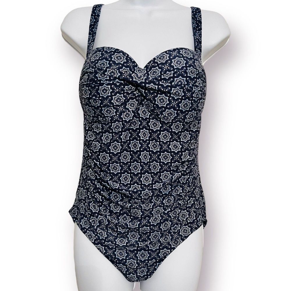 NipTuck Swim One Piece Swimsuit MultiFit Cup Blue White Women’s Size 10 Swimwear